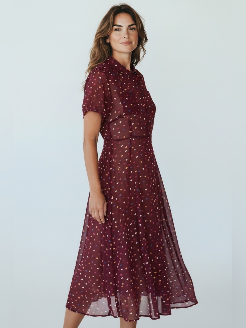 Burgundy Wine Sheer Midi Dress with Multicolor Heart Print